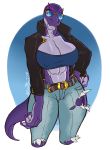  2018 abs anthro belt big_breasts breasts castbound claws cleavage clothed clothing colored_nails crop_top digital_media_(artwork) dinomom_(castbound) dinosaur eyewear fangs female hand_on_hip jacket looking_at_viewer mature_female midriff multicolored_scales muscular muscular_female nipple_bulge non-mammal_breasts pants purple_scales reptile scales scalie shirt signature simple_background smile solo sunglasses thick_tail thick_thighs torn_clothing two_tone_scales voluptuous wide_hips 