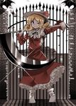  ;) black_eyes black_ribbon blonde_hair closed_mouth commentary_request dress e.o. elly full_body gate glint hat hat_ribbon highres holding holding_weapon long_sleeves looking_at_viewer neck_ribbon one_eye_closed over_shoulder red_dress red_ribbon ribbon scythe short_hair smile solo standing touhou touhou_(pc-98) weapon weapon_over_shoulder white_hat 