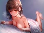  barefoot bed_sheet blush breasts brown_eyes brown_hair cleavage collarbone commentary crossed_ankles legs_up long_hair looking_at_viewer lying medium_breasts naked_sheet nishizawa nude on_stomach original smile solo the_pose 
