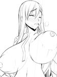  blush bouncing_breasts breasts character_request closed_eyes gigantic_breasts greyscale kirise_mitsuru long_hair monochrome nipples open_clothes open_mouth solo 