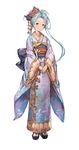  blue_eyes blue_hair detached_sleeves floral_print full_body granblue_fantasy hair_bun hair_ornament hands_together japanese_clothes kimono lyria_(granblue_fantasy) minaba_hideo obi official_art sandals sash simple_background solo standing tabi white_background wide_sleeves 