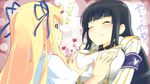  black_hair blonde_hair blue_eyes blush breast_grab breasts closed_eyes commentary_request female_pervert grabbing groping hair_ribbon highres hirokko ikaruga_(senran_kagura) katsuragi_(senran_kagura) large_breasts long_hair multiple_girls pervert ribbon senran_kagura senran_kagura_shoujo-tachi_no_shin'ei shirt smile tears very_long_hair yuri 