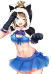  abs animal_ears animal_hood bangs bikini_skirt blue_bow blue_eyes blue_skirt bow breasts cat_ears cat_hood cleavage cowboy_shot crown de_yazhii elbow_gloves facial_mark front-tie_top gem gloves grey_hair heart hood large_breasts looking_at_viewer love_live! love_live!_school_idol_festival love_live!_sunshine!! midriff navel one_eye_closed open_mouth paw_gloves paws salute simple_background skirt solo swept_bangs watanabe_you white_background 