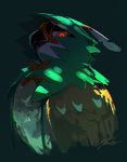  dark_background decidueye gen_7_pokemon glowing glowing_eyes green highres hscatter looking_at_viewer no_humans pokemon pokemon_(creature) red_pupils signature simple_background solo yellow_eyes 