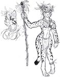  anthro feline female fur hair looking_at_viewer mammal monochrome rollingslash solo staff standing wide_hips 