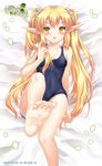  :o bangs bare_arms bare_shoulders barefoot blonde_hair blush breasts cleavage collarbone commentary_request covered_navel elf feet from_above highres long_hair looking_away lying official_art on_back one-piece_swimsuit original petals pointy_ears riyun_(halodark) sidelocks small_breasts soles solo swimsuit tears toes twintails v-shaped_eyebrows very_long_hair yellow_eyes 