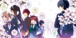  4girls absurdres aki_tomoya backpack bag blazer blonde_hair blue_hair blush bow bowtie brother_and_sister brown_eyes brown_hair character_name earphones flower glasses hands_in_pockets hashima_iori hashima_izumi highres hyoudou_michiru jacket kasumigaoka_utaha long_hair misaki_kurehito multiple_boys multiple_girls necktie novel_illustration official_art open_mouth outdoors petals saenai_heroine_no_sodatekata sawamura_spencer_eriri school_bag school_uniform short_hair short_twintails siblings smile twintails 