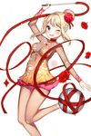  ;d blonde_hair blue_eyes breasts cleavage fishnets flower gymnastics gymnastics_ribbon hair_bun highres lemy medium_breasts one_eye_closed open_mouth pink_skirt popuru red_ribbon rhythmic_gymnastics ribbon rose skirt smile soccer_spirits solo standing standing_on_one_leg transparent_background 