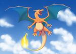  2016 action_pose big_penis blue_eyes charizard claws erection fangs feral fire flying front_view hi_res male nawka nintendo open_mouth penis pok&eacute;mon roaring scalie sky solo tongue tongue_out video_games wings 