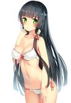  black_hair blush bra breasts cleavage finger_to_mouth gin00 green_eyes hair_ribbon hair_tubes highres kantai_collection large_breasts long_hair looking_at_viewer mizuho_(kantai_collection) navel panties ribbon simple_background smile solo underwear white_background 