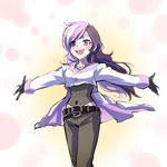  :d belt black_pants blush brown_eyes brown_hair covered_navel cowboy_shot gloves heterochromia highres iesupa jewelry long_hair multicolored_hair multiple_belts necklace neo_(rwby) open_mouth outstretched_arms pants pink_hair purple_eyes rwby simple_background smile solo spread_arms 