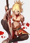  alternate_breast_size arm_support armor bare_shoulders black_legwear blonde_hair bra braid breasts clarent fate/apocrypha fate/grand_order fate_(series) green_eyes highres lack long_hair looking_at_viewer medium_breasts midriff mordred_(fate) mordred_(fate)_(all) navel pelvic_curtain ponytail red_bra sitting smile solo strapless strapless_bra sword thighhighs toned underwear weapon 