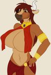 absurd_res anthro big_breasts bovine bracelet breasts cattle clothing digital_media_(artwork) hi_res horn jewelry kizion_ksharr loincloth looking_at_viewer mammal piercing smile solo 