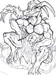  abs anthro clothing dragon loincloth male monochrome muscular rollingslash sitting skull solo spread_legs spreading teeth 