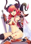  armor armored_boots bangs bikini bikini_armor black_legwear blue_eyes boots breasts cape elizabeth_bathory_(brave)_(fate) elizabeth_bathory_(fate)_(all) fang fate/grand_order fate_(series) gauntlets horns looking_away loose_bikini navel oversized_clothes pauldrons pink_hair pointy_ears red_armor red_bikini shovelwell silver_trim simple_background sitting small_breasts smile solo swimsuit sword tail thighhighs tiara wariza weapon white_background 