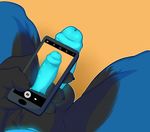  2016 ambiguous_species anthro balls black_balls black_fur blue_fur blue_penis camera cellphone claws digital_media_(artwork) erection faceless_male first_person_view fur holding_object holding_phone humanoid_penis leopold_forzane male male_pov mammal multicolored_fur nude orange_background penis phone photo silverzar simple_background solo two_tone_fur 