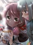  akashi_(kantai_collection) bangs blush brown_eyes coffee coffee_cup coffee_mug cup disposable_cup green_eyes grey_hair hair_ribbon kantai_collection long_hair mug multiple_girls open_mouth pink_hair primary_stage ribbon smile steam tress_ribbon yuubari_(kantai_collection) 