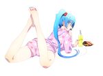  aqua_nails bangs barefoot blue_eyes blue_hair bottle chips domo1220 drinking_straw feet_together feet_up food from_behind full_body hair_between_eyes hair_bobbles hair_ornament hatsune_miku hood hood_down hooded_pajamas juice knees_apart_feet_together long_hair long_sleeves looking_at_viewer looking_back lying nail_polish nape on_stomach pajamas plantar_flexion polka_dot potato_chips profile shorts sideways_glance simple_background snack solo the_pose toenail_polish twintails vocaloid white_background 