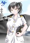  breasts female_service_cap hat hat_removed headwear_removed holding holding_hat huge_breasts kaga_(jmsdf) kaga_(kantai_collection) kantai_collection kasugano_tobari looking_at_viewer military military_hat military_uniform naval_uniform ship side_ponytail uniform watercraft yellow_eyes 