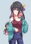  alternate_costume bespectacled black_hair breasts commentary_request denim glasses jacket jeans kantai_collection long_hair medium_breasts mikage_takashi multicolored_hair naganami_(kantai_collection) off_shoulder pants pink_hair simple_background solo tank_top yellow_eyes 