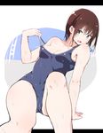  absurdres aqua_eyes breasts brown_hair cleavage commentary_request covered_navel highres letterboxed nipple_slip nipples onapan one-piece_swimsuit original short_hair small_breasts solo strap_slip swimsuit wet 