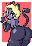  anaugi anthro big_breasts big_butt blonde_hair blue_fur bracelet breasts butt cat feline female fur hair jewelry mammal open_mouth shiny smile solo tail_ring yellow_eyes 