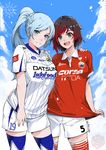  cloud company_name cowboy_shot datsun day highres jpeg_artifacts light_blue_hair logo lulu-chan92 multiple_girls persib_bandung persija_jakarta ponytail red_hair ruby_rose rwby scar short_hair short_sleeves shorts sky soccer_uniform sportswear thighhighs weiss_schnee 