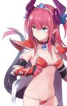  armor bangs bikini bikini_armor black_legwear blue_eyes blush breasts cape commentary_request cowboy_shot dragon_tail elizabeth_bathory_(brave)_(fate) elizabeth_bathory_(fate)_(all) fate/grand_order fate_(series) gauntlets horns looking_away loose_bikini navel oversized_clothes pauldrons pink_hair pointy_ears red_armor red_bikini roll_okashi silver_trim simple_background small_breasts solo sweatdrop swimsuit tail thighhighs tiara wavy_mouth white_background 
