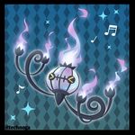  artist_name black_border border chandelure diamond_(shape) fire musical_note pokemon pokemon_(game) purple_fire technoga text 