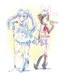  cosplay english hatsune_miku highres holding_hands iesupa kagamine_rin kagamine_rin_(cosplay) long_hair microphone microphone_stand multiple_girls ruby_rose rwby short_hair vocaloid weiss_schnee yuki_miku yuki_miku_(cosplay) 