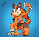  2016 anthro argento armpits badger black_nose blue_eyes boomerang bracelet brown_fur brown_hair clothing crouching female footwear fur hair hi_res jewelry long_hair looking_up mammal mustelid navel necklace open_mouth orange_fur orange_hair pussy shoes skirt smile solo sonic_(series) sonic_boom sticks_the_jungle_badger 