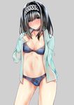  absurdres bikini black_hair blue_eyes blush breasts cleavage eyes_visible_through_hair go-1 highres idolmaster idolmaster_cinderella_girls long_hair medium_breasts navel plaid plaid_bikini sagisawa_fumika simple_background solo swimsuit swimsuit_under_clothes 