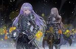  1girl armor blonde_hair cape danann full_armor gauntlets greaves hands_on_hilt headwear_removed helmet helmet_removed knight light_particles long_hair looking_away looking_to_the_side original plate_armor purple_eyes purple_hair shoulder_armor standing sword weapon 