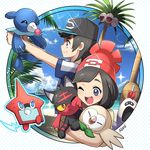  1girl alolan_exeggutor alolan_form beach bird black_hair blue_eyes cat day gen_1_pokemon gen_4_pokemon gen_7_pokemon hat lapras litten mizuki_(pokemon) naokado open_mouth pokemon pokemon_(creature) pokemon_(game) pokemon_sm popplio rotom rotom_dex rowlet sandygast short_hair smile sparkle you_(pokemon) 