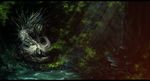  black_bars day detailed_background digital_media_(artwork) dragon feral forest hair isvoc outside solo tree water white_hair 