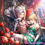 .hack//g.u. 1boy 1girl albino atoli_(.hack//) blonde_hair bow candle coat cravat elbow_gloves fang flower frills gloves green_skirt guilty_dragon hair_over_eyes haseo_(.hack//) jewelry looking_at_viewer petals popped_collar red_eyes red_flower red_rose ring rose scepter short_hair sitting sitting_on_lap sitting_on_person skirt smile spiked_hair thighhighs thumb_ring ueooo unconscious white_bow white_gloves white_hair white_legwear 