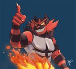  5_fingers anthro black_fur claws clothing digital_media_(artwork) fangs feline fur incineroar male mammal muscular nintendo pok&eacute;mon pseudo_clothing red_fur simple_background solo teeth video_games 