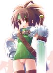  1girl :o armor belt blush bottomless brown_eyes brown_hair character_request copyright_request female gauntlets haga_yui headband looking_at_viewer open_mouth pauldrons ponytail pussy ribbed_sweater sleeveless sleeveless_turtleneck solo sweater sword turtleneck uncensored weapon 