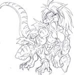  abs anthro breasts clothing crouching female monochrome muscular rollingslash scalie solo teeth torn_clothing 