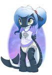  anthro blue_hair clothing cub diaper female fish green_eyes hair marine mistydash open_mouth shark shy solo standing watermark young 