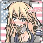  american_flag bare_shoulders beckoning blonde_hair blue_eyes blush border breasts cleavage detached_collar grey_border heart highres iowa_(kantai_collection) kantai_collection long_hair medal mouth_hold solo touage_ebisu upper_body 