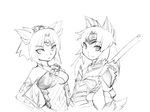  2girls animal_ears camel_(dansen) cosplay female milia milia_wars monochrome monster_hunter multiple_girls nargacuga_(armor) navel sachiho stygian_zinogre_(armor) 