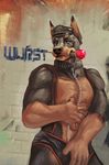  2016 5_fingers anthro black_eyes black_fur black_nose boxers_(clothing) brown_fur canine clothed clothing collar digital_media_(artwork) doberman dog eyrich flower front_view fur half-closed_eyes half-length_portrait hat hi_res leash male mammal multicolored_fur pinup plant pointy_ears portrait pose rose solo standing two_tone_fur underwear 