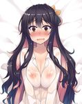  @_@ bed_sheet black_hair blush breasts cleavage collarbone covered_nipples hair_ribbon kantai_collection kusano_(torisukerabasu) large_breasts long_hair long_sleeves looking_at_viewer lying multicolored_hair naganami_(kantai_collection) nipples nose_blush on_back open_mouth pink_hair ribbon see-through solo two-tone_hair wet wet_clothes yellow_eyes 