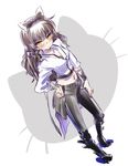  alternate_costume belt_boots black_footwear black_hair blake_belladonna blush boots bow denim full_body gambol_shroud hair_bow high_heel_boots high_heels highres iesupa jeans knee_boots long_hair midriff navel pants rwby shirt solo weapon white_shirt yellow_eyes 