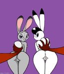  2016 anthro antira anus bent_over black_hair blue_eyes bokko breasts butt canine crossover disney duo_focus female first_person_view fox fur grey_fur group hair judy_hopps lagomorph looking_at_viewer looking_back male mammal nick_wilde open_mouth purple_background purple_eyes pussy rabbit simple_background smile tail_grab the_amazing_3 white_fur zootopia 