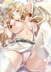  angel angel_wings belt blonde_hair breasts gigi_metto green_eyes halo large_breasts long_hair lying solo wet white_clothes white_legwear wings 