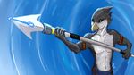  absurd_res anthro aquaticas armband avian avian_(starbound) clothed clothing digital_media_(artwork) hi_res male melee_weapon simple_background solo standing starbound topless tribal video_games weapon 
