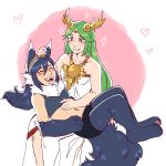  2girls absurdres animal_ears blue_eyes blush breasts dress eyes_closed fangs fingerless_gloves fire_emblem fire_emblem:_kakusei frogbians fur furry gloves green_eyes green_hair highres jewelry kid_icarus long_hair lucina monster_girl multiple_girls navel nintendo open_mouth palutena sharp_teeth shorts simple_background smile super_smash_bros. super_smash_bros._ultimate tail teeth thighhighs tiara very_long_hair werewolf wolf wolf_ears wolf_tail yuri 