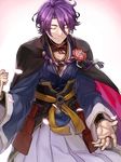  armor clenched_hand closed_eyes cowboy_shot flower japanese_armor japanese_clothes kasen_kanesada male_focus outstretched_arm petals purple_hair ruchi smile solo touken_ranbu 